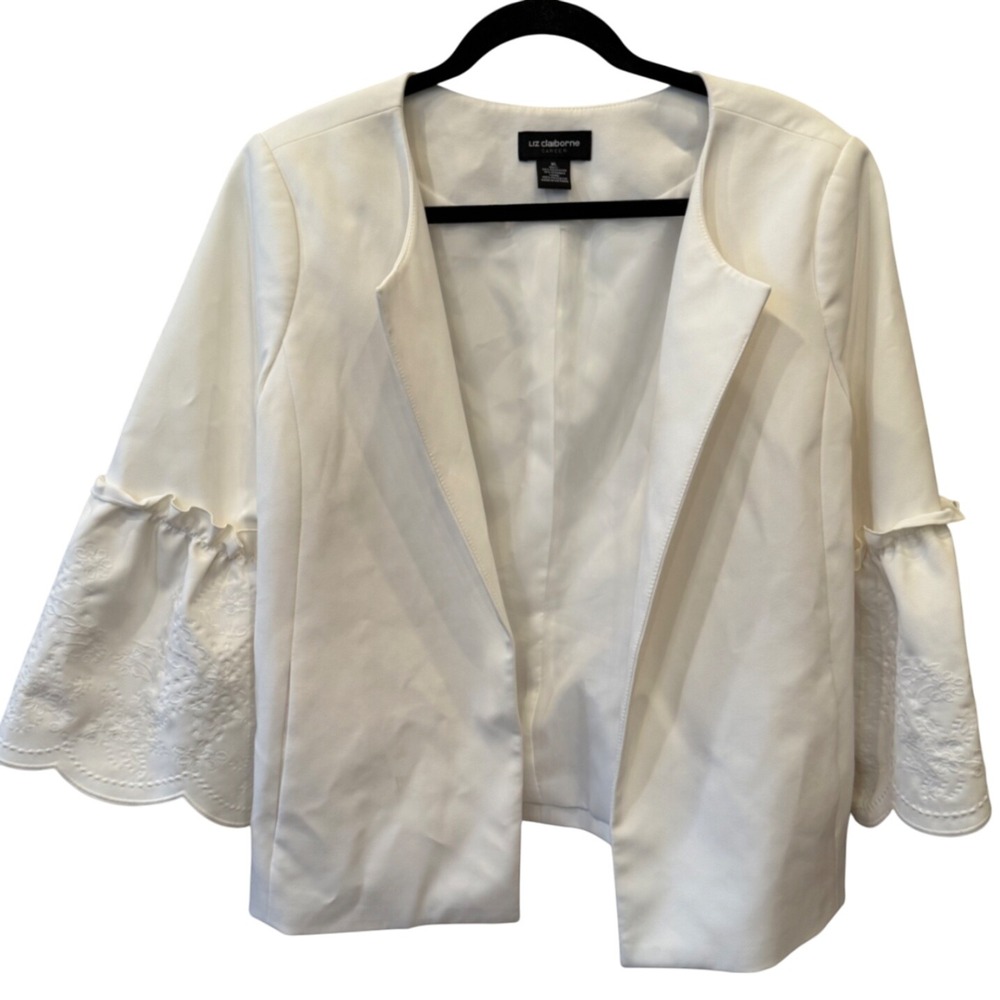 Liz Claiborne Career White Embroidered Ruffle Sleeve Blazer Jacket XL